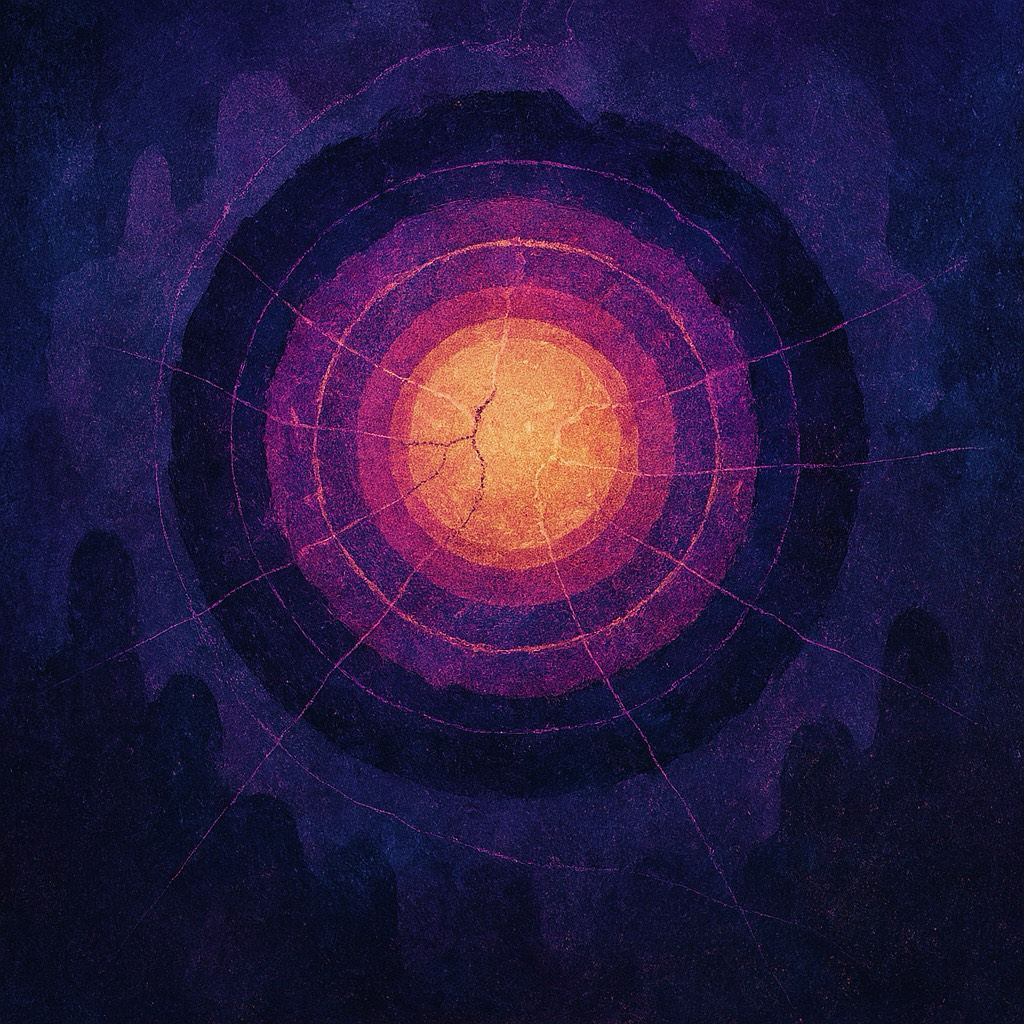 A series of concentric circles, reminiscent of the rings of a tree, with what appear to be cracks radiating from the center.